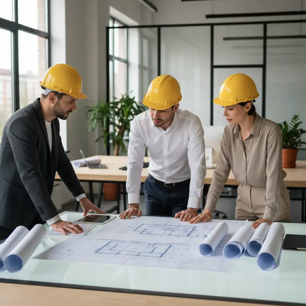 Architects discussing blueprints