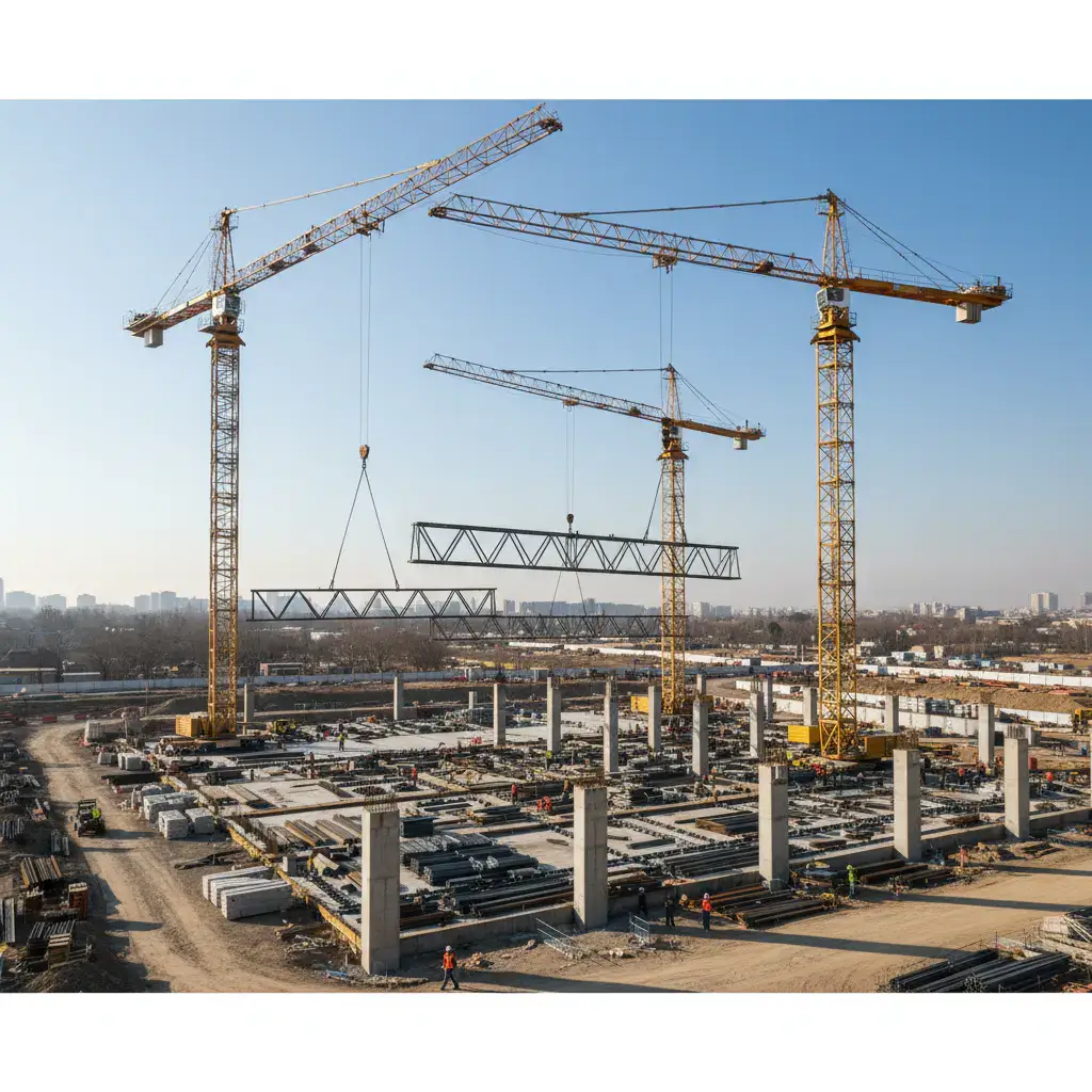 Cranes lifting steel beams during the day