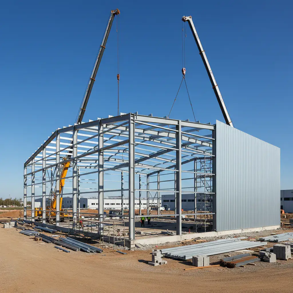 Modern steel-frame industrial warehouse under construction against a blue sky