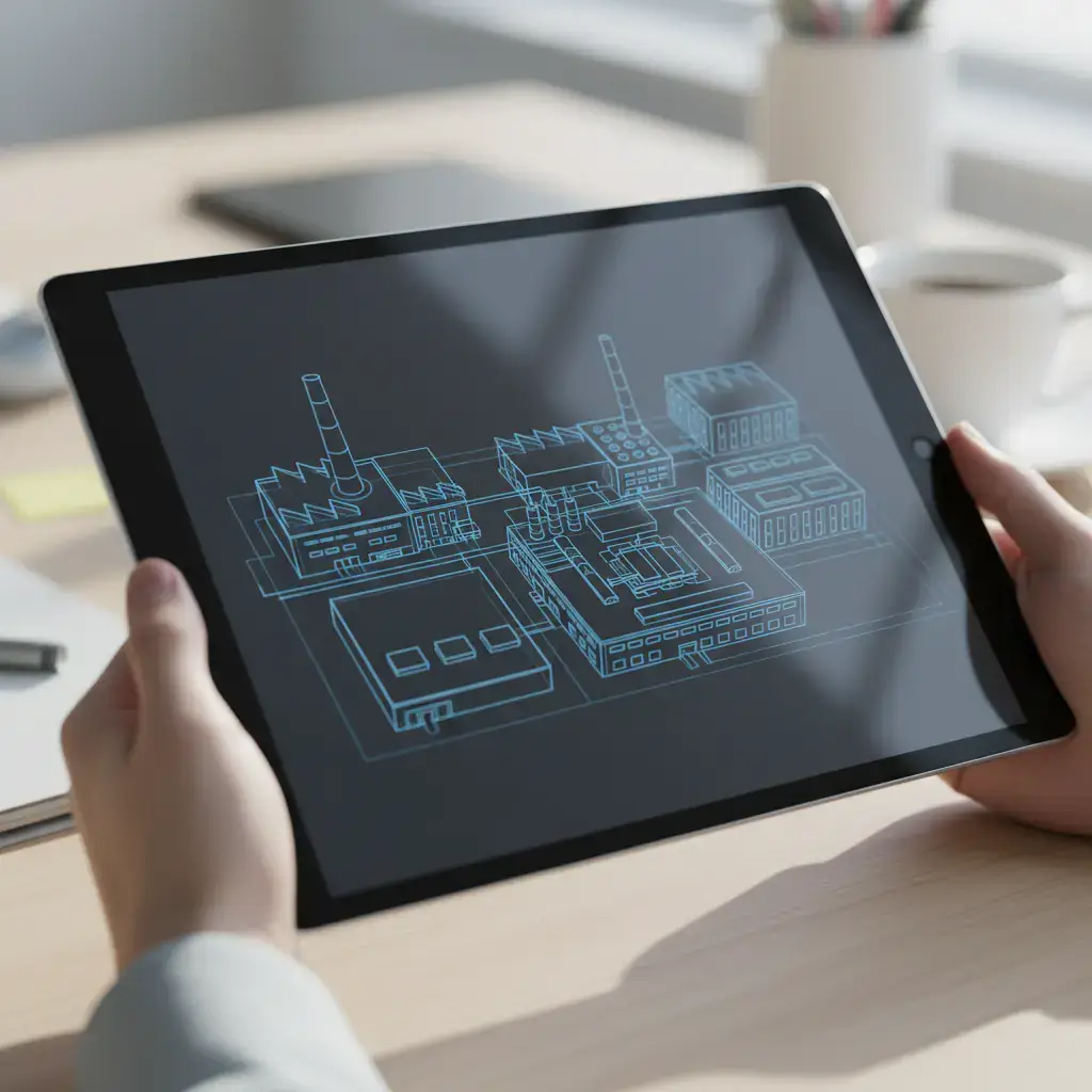 Digital schematics for factory building on tablet